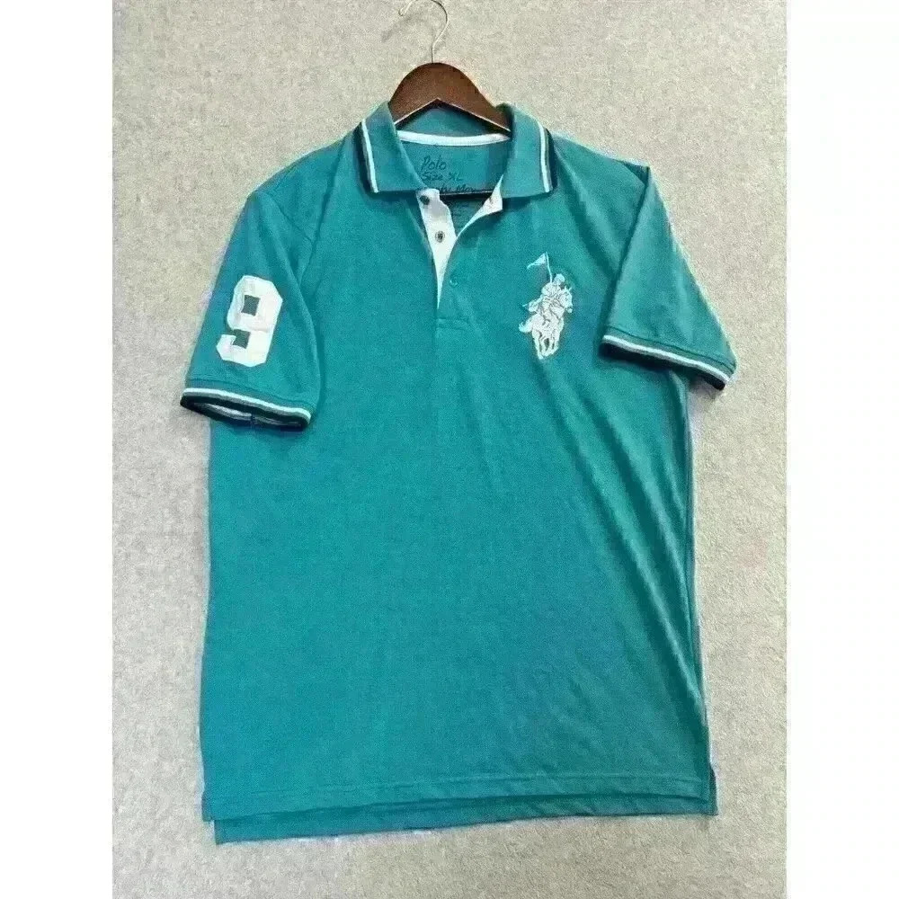 Men’s Polo Franky Max Shirt Big Pony Number 9 Size XL Teal White Ringer Collared